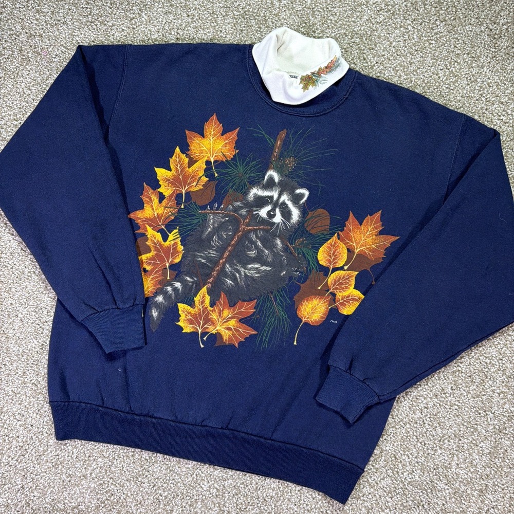 Vintage Raccoon Sweatshirt 90s Fall Themed Turtleneck Size Large Navy Blue